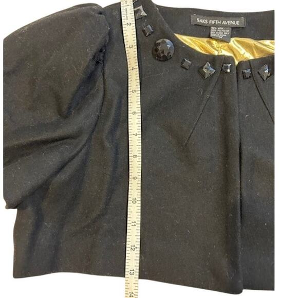 SAKS FIFTH AVENUE Black Cropped Short Blazer Shrug Gold Lined Beaded Wool - Picture 8 of 13